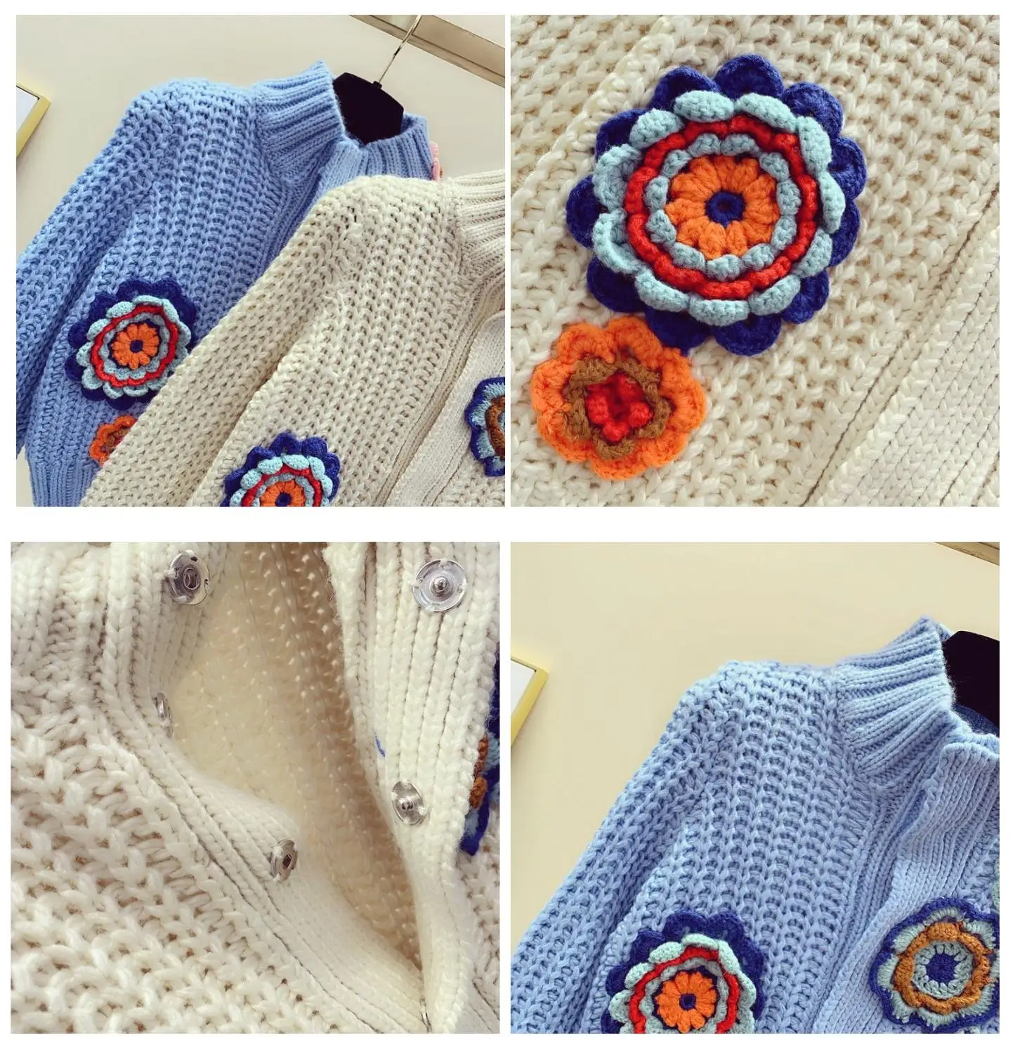 

3D flower knitted cardigan 2021 autumn and winter short loose high neck heavy industry handmade chain link sweater