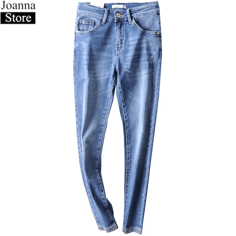 Spring Summer Diamond Stitching Jeans Women High Waist Pockets Slim Split Bow Denim Pants Blue Plus Size Wild Trousers Female