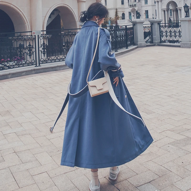 

Women's Woolen Jacket 2021 Winter New Long Loose Thick Blue Stitching French Lapel Double Breasted Fashion Quality Coat Female1H