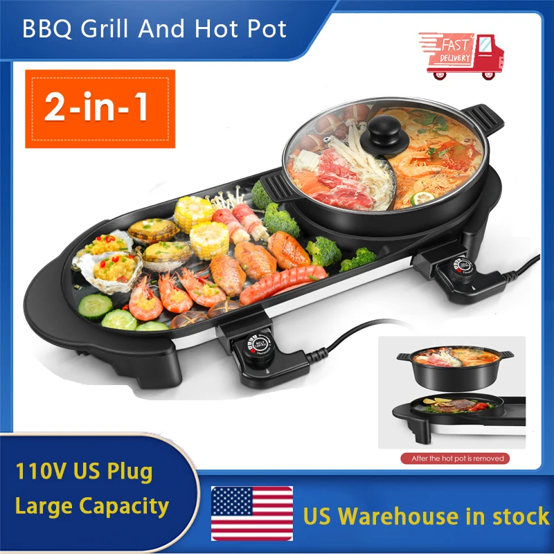 

Многофункциональный Электрический гриль 2 в 1, домашний горячий горшок с антипригарным покрытием для барбекю, стандартная плоская сковорода, кухонная плита с разрезом большой емкости бытовая техника сковорода гриль