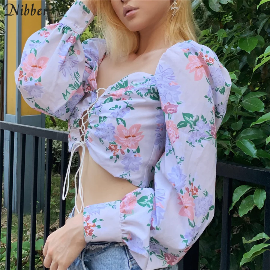 Nibber французский романтик Элегантный boho кроп Топы женские T-shirt2019 осень зима длинный рукав Богемия Низкий вырез повседневные футболки mujer