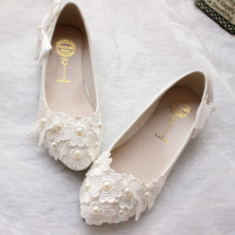 BaoYaFang White bow flat Bridesmaid shoes pearl handmade flower wedding dress women shoes Bridal Photo matching shoes