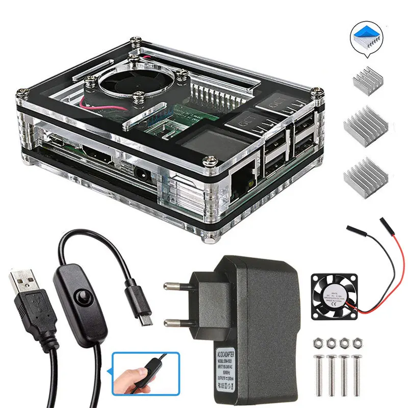 Raspberry Pi 3 B + 9-слойный акриловый чехол с охлаждающим вентилятором радиатора 5 в 2 А