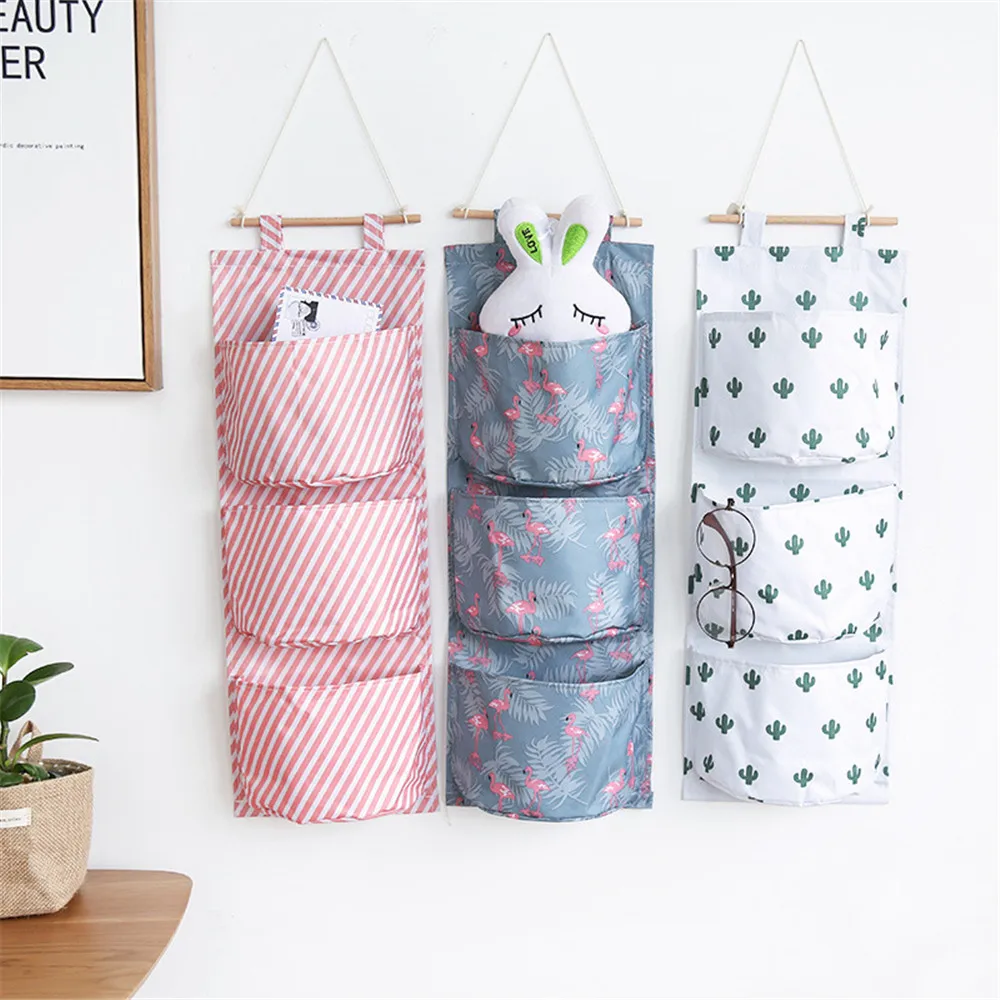 

Wall Hanging Storage Bags Cactus Flamingo Pattern Storage Box 3 Pockets Cotton Linen Sundries Jewelry Makeup Organizer Cosmetics