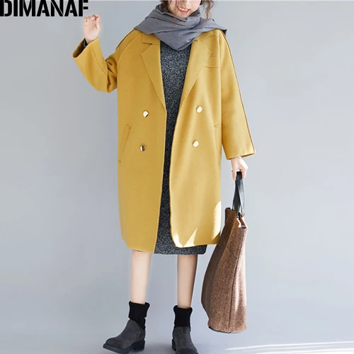 YPH95221CN-huang DIMANAF/Большие размеры, женские пальто из шерсти и смесей, зимняя утепленная одежда с длинными рукавами, женская верхняя одежда, Свободное пальто, большой размер - Цвет: YPH95221CN-huang