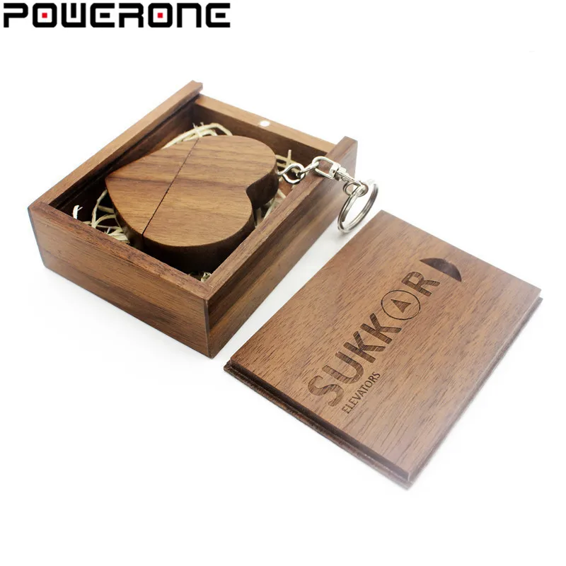 Usb флеш накопитель POWERONE деревянный в форме сердца с коробкой 64/32/16/8/4 ГБ|usb with box|heart
