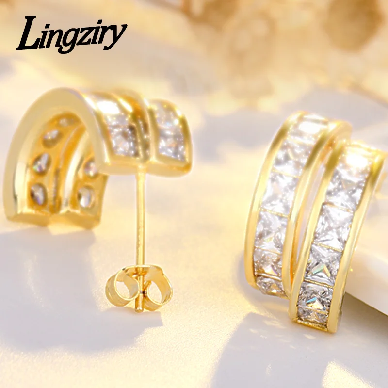 

Double C Shape Real 925 Sterling Silver Stud Earrings For Women Crystal Jewelry Girl Wedding Gift