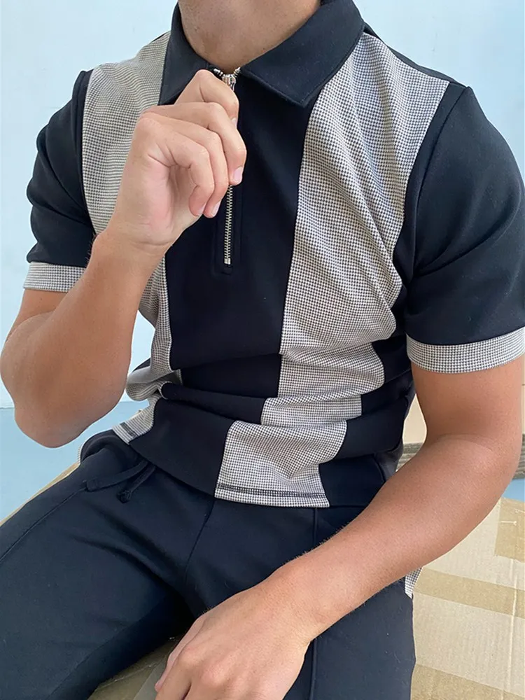 

Check Texture polo shirt Men's Polo Shirt National Stitching Color Print Polo Shirts Brand Men Short-Sleeved Shirt Man Clothes