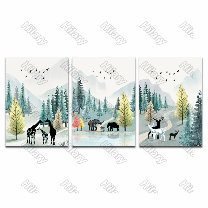 

Posters Animal Giraffe Forest Elephant Deer Canvas Painting Posters and Prints Wall Art Pictures for Living Room and Bedroom