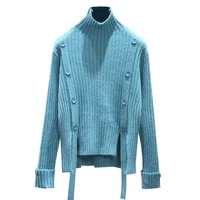 Fall 2020 Women Plus Size M-4XL Sweater Loose Long Sleeve Irregular Split Button Turtleneck Knitted Pullover Sweater Top