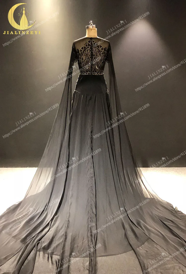 JIALINZEYI Zuhair Murad Long Sleeves Black Beads With Sliver Chiffon robe de soirée de mariage Fromal dress Evening Dresses