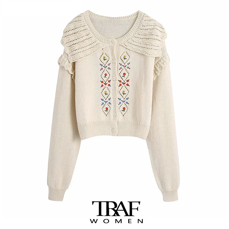 

Кардиган женский трикотажный с цветочной вышивкой и оборками, с длинным рукавом