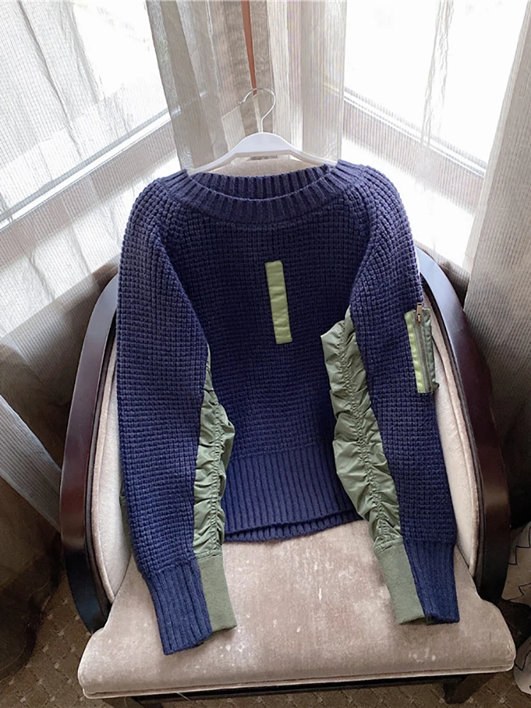 

Blue sweater for women's loose outer wear Pullover lazy wind new autumn splicing Knitted Top in 2020