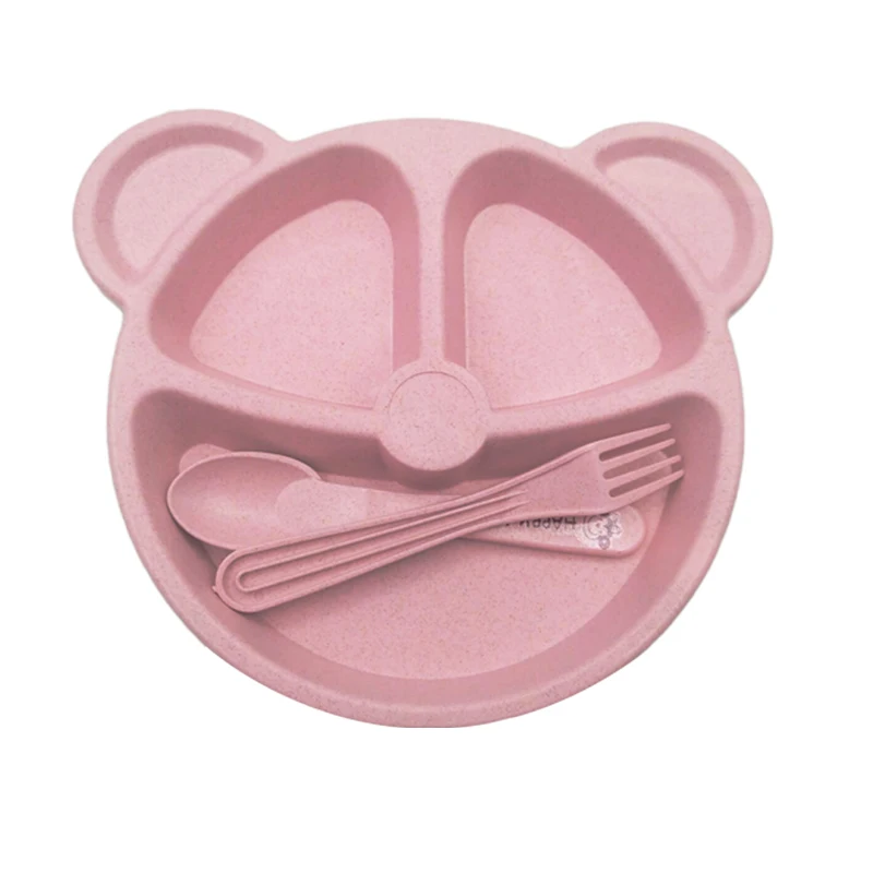 

Baby Wheat Straw bowl+spoon+fork Feeding Food Tableware Cartoon Bear Kids Dishes Eating Dinnerware Set Anti-hot Training Plate