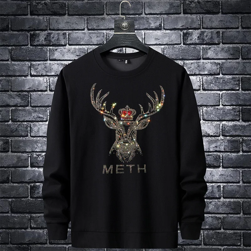 

2021 Deer Rhinestones Men Hoodie Sweatshirt Fashion Streetwear Full Slim O Neck Rib Sleeve Pullover Hoodie Mens Autumn Clothes