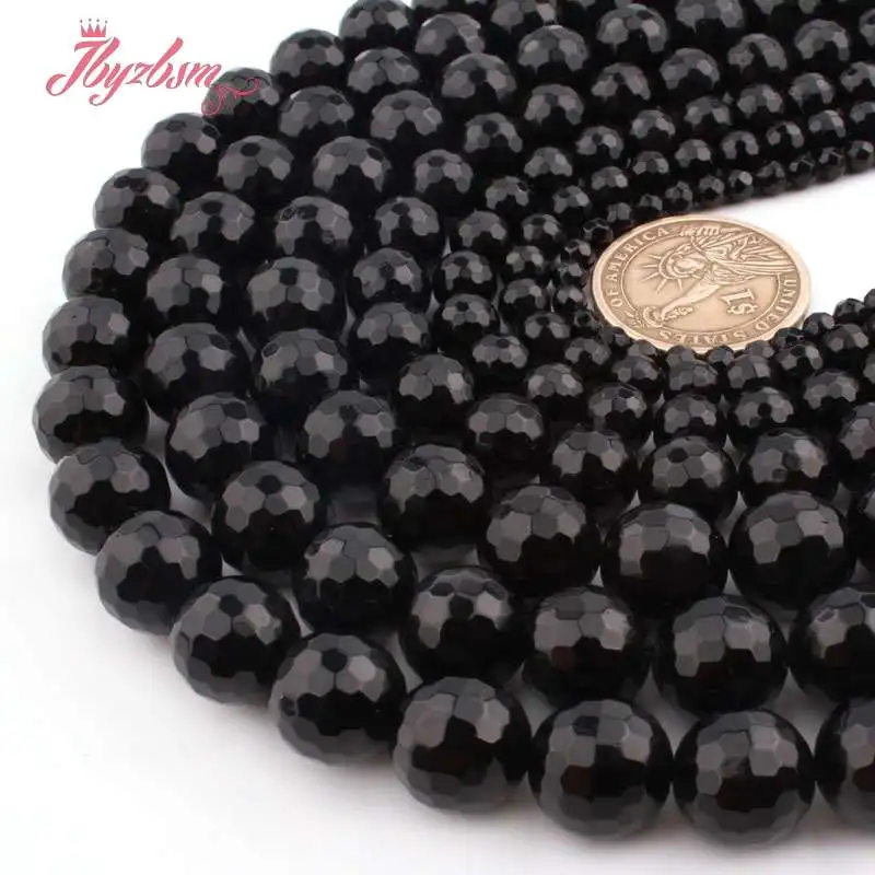Круглые граненые черные турмалиновые бусины из натурального камня