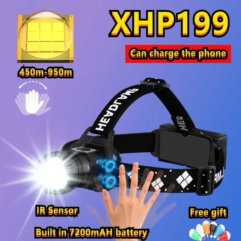 

XHP199 IR Sensor Headlamp 8000000LM Rechargeable Head Flashlight 9000mAh High Power Headlight 18650 Fishing Led Head Lamp