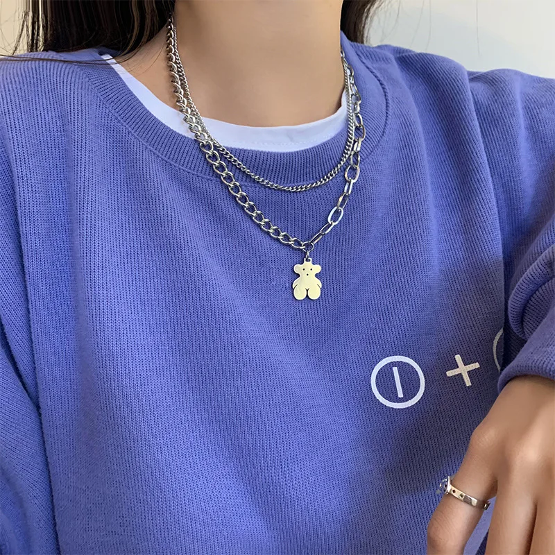 

Hip Hop Bear Pendant Necklace Titanium Steel Double Layer Sweater Chain Women Men Fashion Jewelry Party Birthday Gifts New 2021
