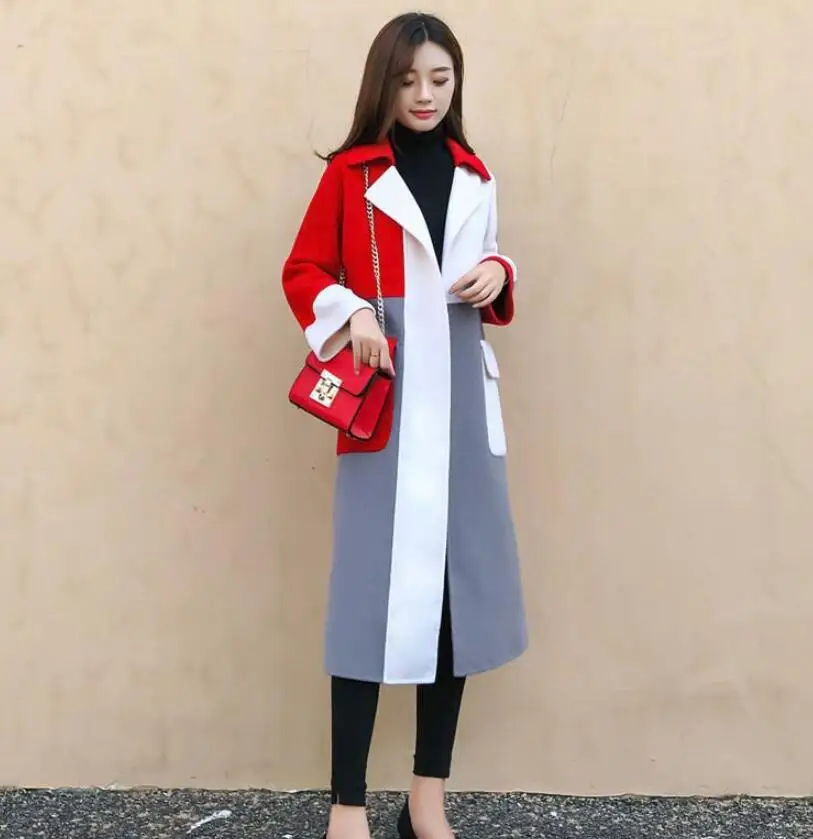 

Women's woolen coat fashion streetwear stitching long top 2020 spring ladies trench coat oversize wool blend female coat outdoor