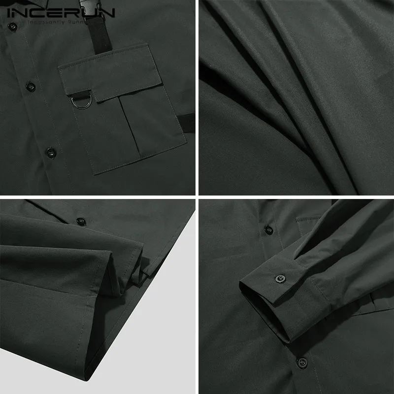 

2021 Fashion Cargo Men Shirts INCERUN Long Sleeve Solid Color Blouse Man Turn Down Collar Button Camisa Leisure Pockets Tops 5XL