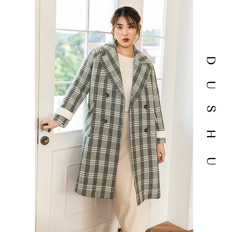 

Женское длинное шерстяное пальто DUSHU, повседневное винтажное пальто большого размера в клетку с соединением, размера плюс, Осень-зима