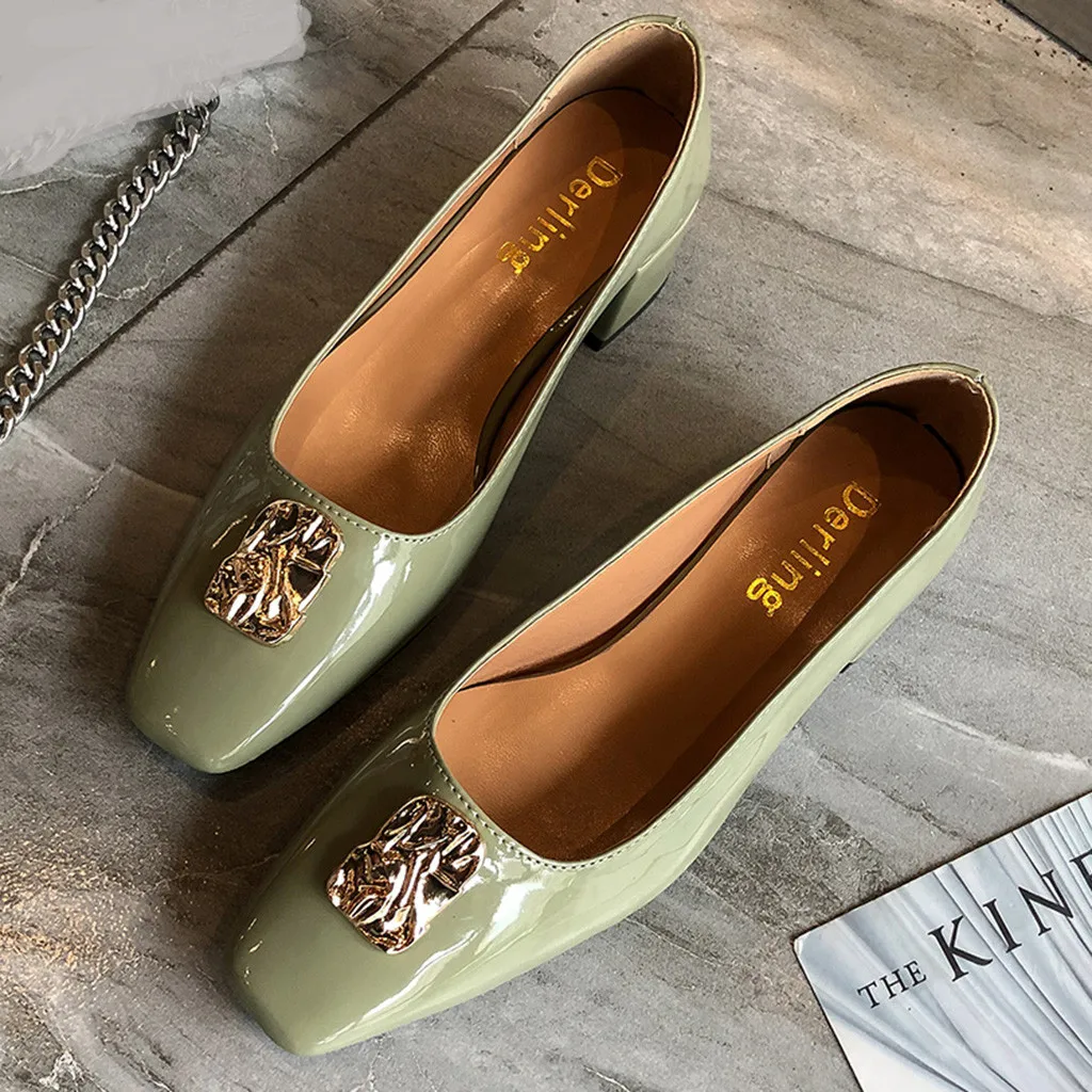 

Leather Ladies Metal Pumps Shoes Heels Casual Party Work Single Shoes Loafers Heels Office Square Toe Low Heels Shoes