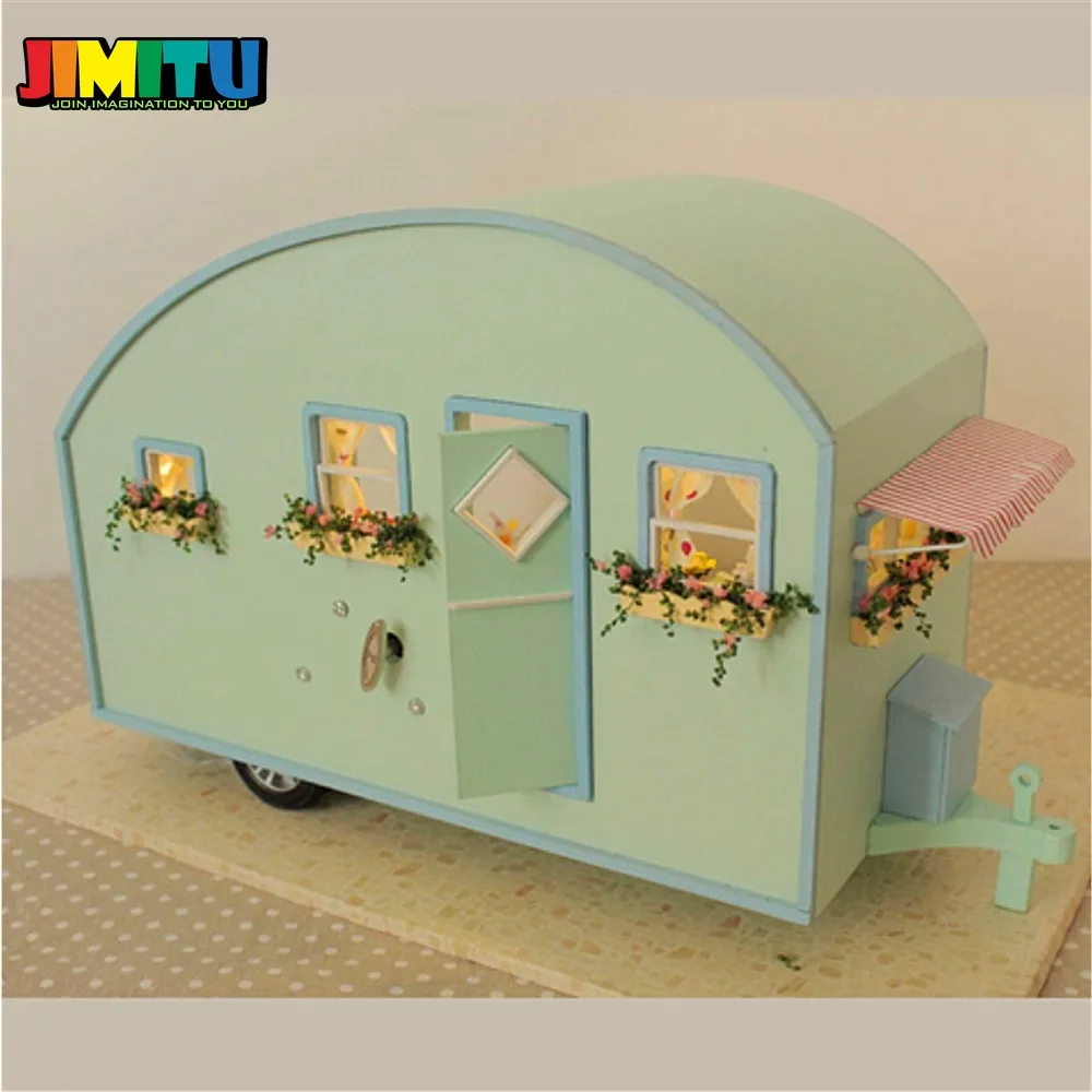 JIMITU Cuteroom DIY деревянный кукольный домик Миниатюрный комплект для кукольного дома светодиодный+ музыка+ Голосовое управление комплекты ручной работы туристический фургон для девочек