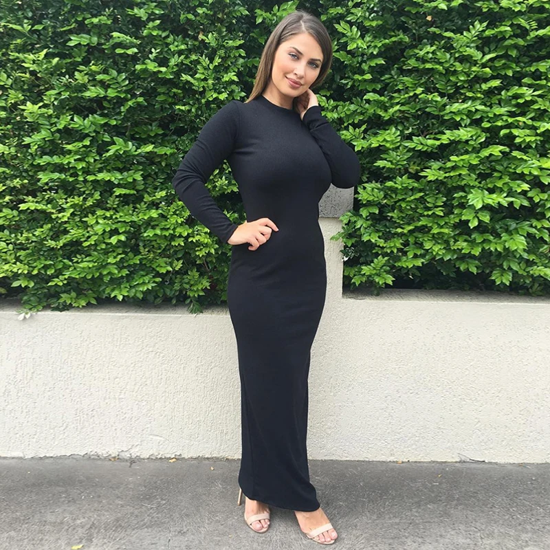 Женское трикотажное платье карандаш Siskakia однотонное черное с длинным рукавом и