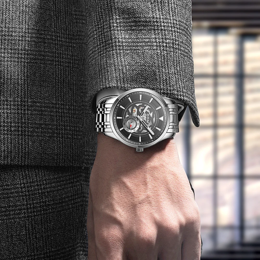 Часы DOM Мужские механические автоматические водонепроницаемые черные стальные