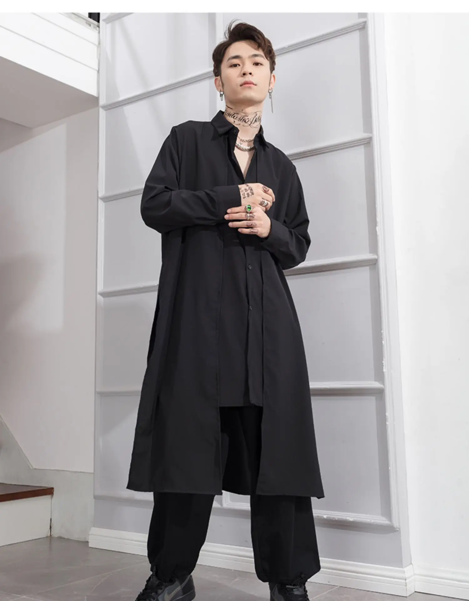 

Long Men's Shirt Fake 2 Long Sleeve Shirts Personalized Hip Hop High Street Performance Stage Hairdresser Big Size Japan and Kor