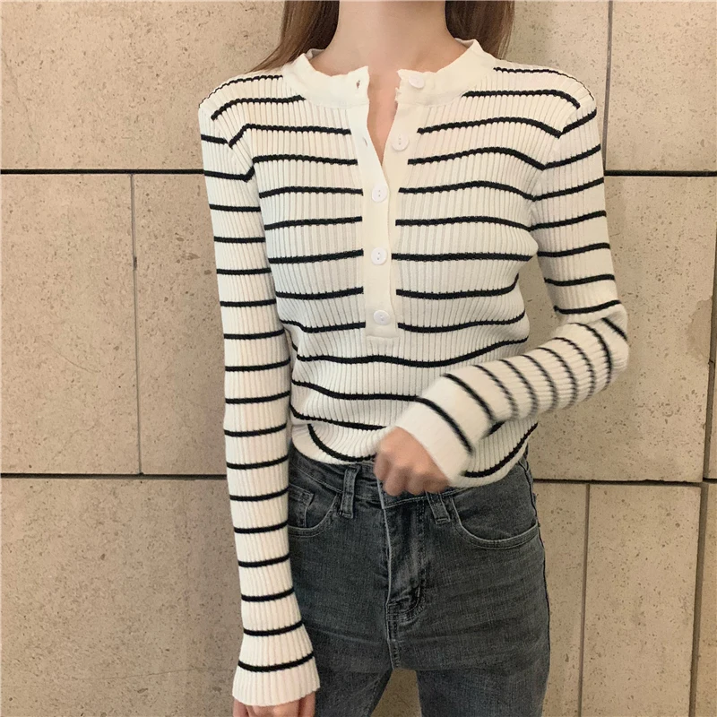 Causal High Elastic Ladies Top Striped Women Pullover Sweater Fashion Button Long Sleeve Knitted Slim Korean Jumper