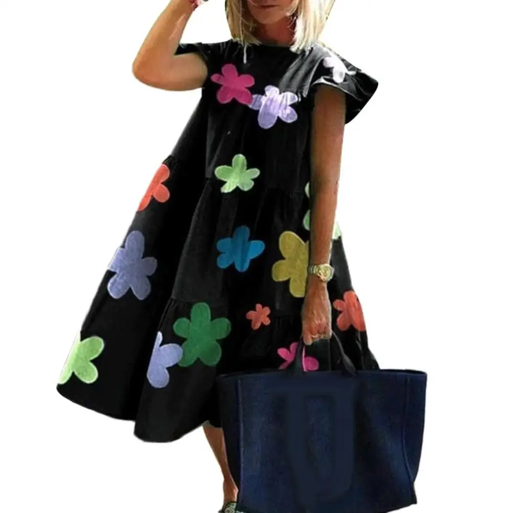 

Женское платье с круглым вырезом, коротким рукавом, цветочным принтом, большим подолом, элегантный пляжный сарафан миди, 4 цвета