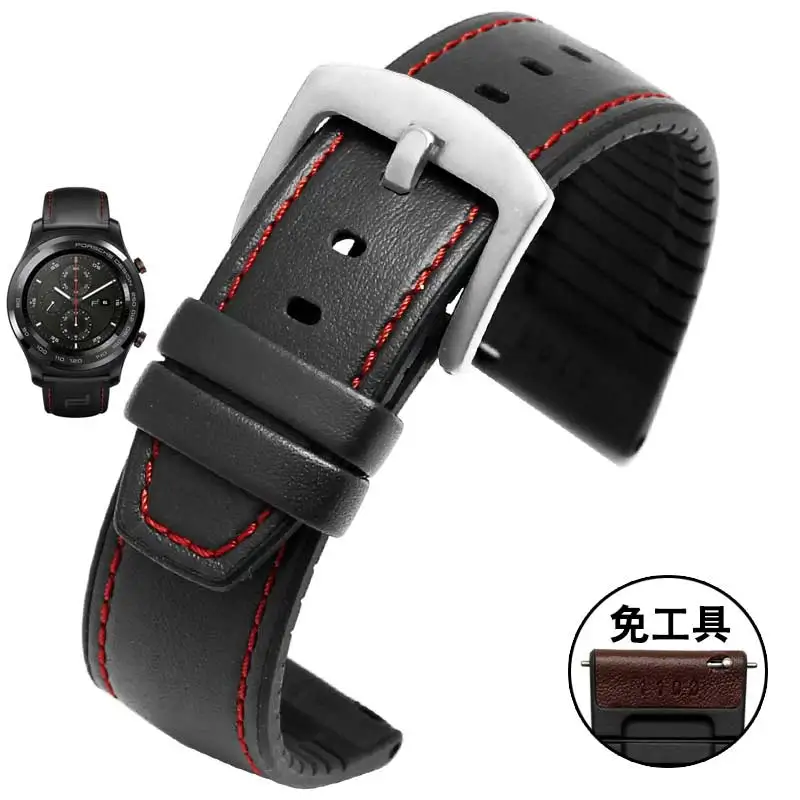 black red-silver 22 мм кожаный браслет для huawei Watch GT magic watch 2pro Смарт-часы в деловом стиле Замена 2 в 1 кожаный силиконовый ремешок - Цвет ремешка: black red-silver