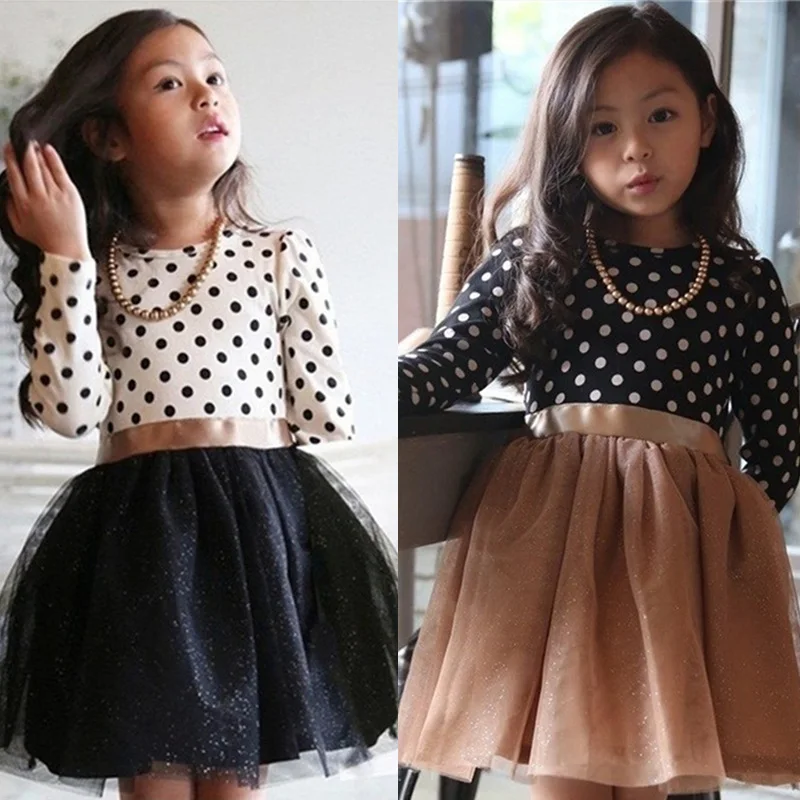 Детские платья в горошек с длинными рукавами для девочек Одежда маленьких