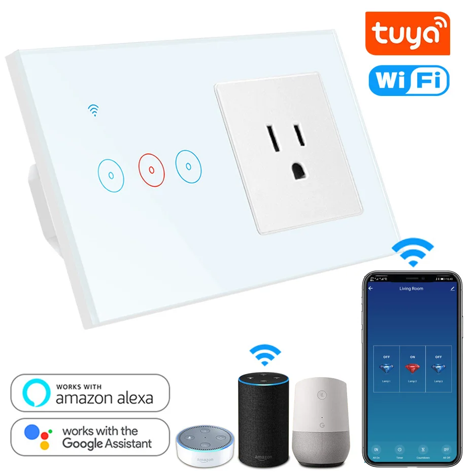 

Tuya Smart Home Wall Socket US Touch Glass panel WIFI Outletl 110V 220V LED Timer light Switch Socket 3 Pin 16A 1/2/3 Gang