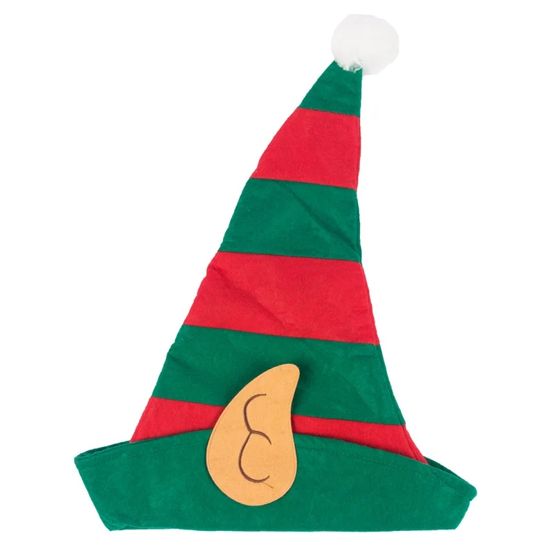 Christmas Elf Hat Red And Green Striped With White Pom Pom And Elf Ears Non-Woven Xmas Hat One Size Fits Most Christmas Caps images - 6