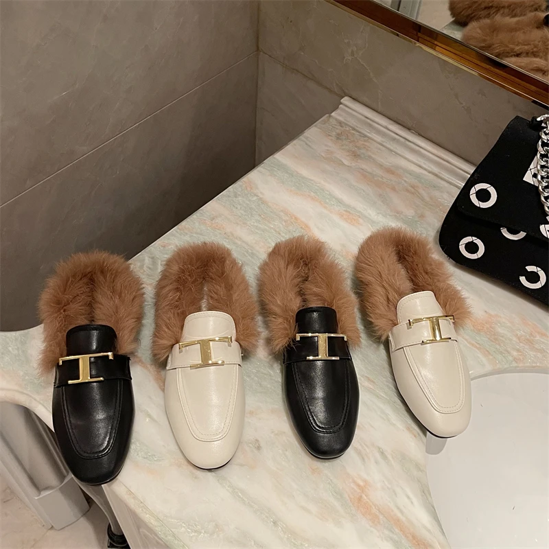 

Autumn Warm Fur Slippers 2021 New Women Baotou Muller Shoes Rabbit Fur Casual Shoes Women Half Slippers Lazy Flats Furry Slides