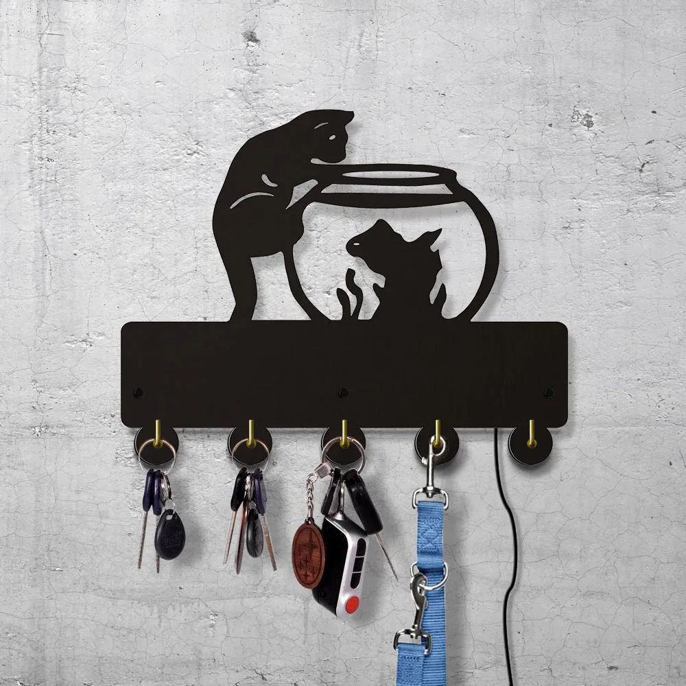 Забавный настенный органайзер для ключей с кошкой и золотой рыбкой стойка пятью