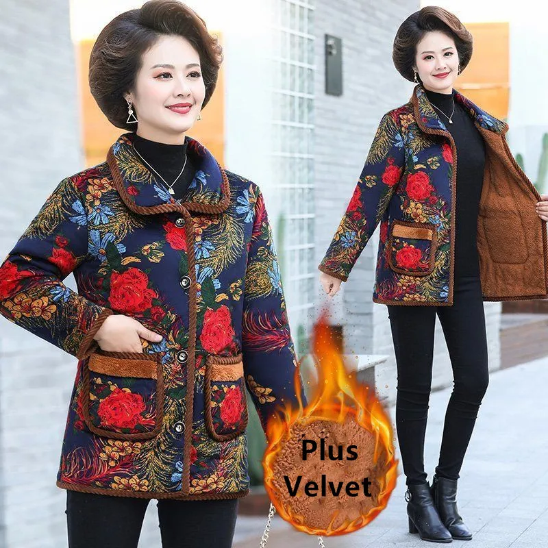 

Large Size Buttons Winter Jacket Women New Cotton Quilted Warm Middle Aged Elderly Coat Thick Velvet Print Mother Parkas L-5XL