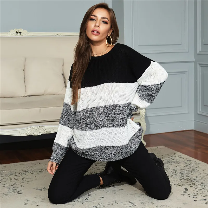 

Autumn Winter Jumper Sweater Women Casual Full Sleeve Striped Plus Size Knitted Pullovers Sweater Tops For Women 2021 New