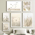 Картина на холсте, бежевая Маргаритка, рисунок с тростником, шалфеем, пустыней, лисой, постеры в скандинавском стиле, настенные картины для декора гостиной