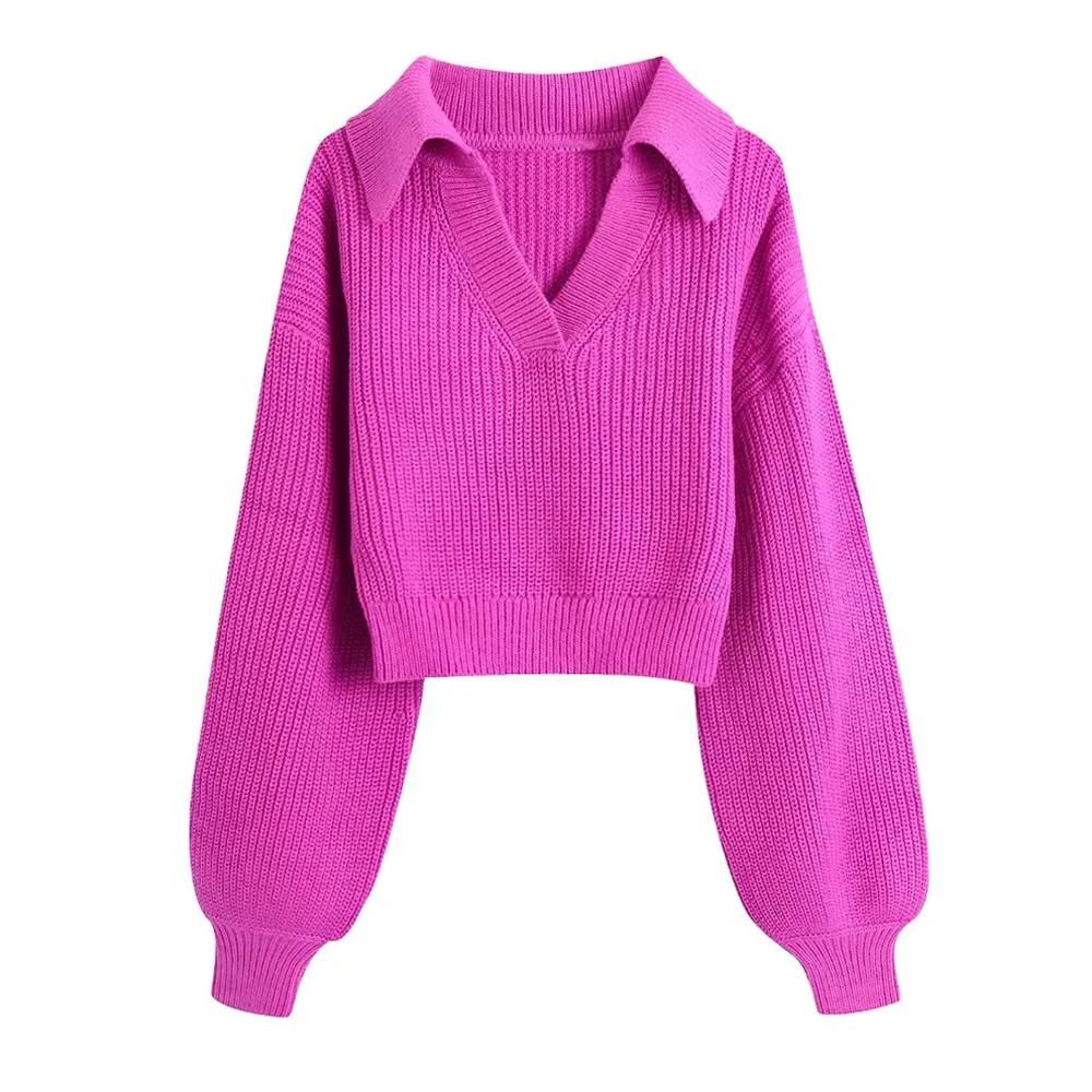 

Za Sweaters 2021 Women Fashion Cropped Knit Pullovers Autumn Winter Female Vintage Johnny Collar Lantern Sleeve Chic Tops Pink