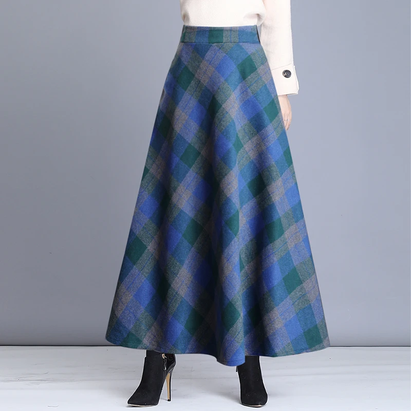 

LUKAXSIKAX 2020 New Autumn Winter Women Thicken Woolen Skirt High Quality Retro Plaids High Waist Slim Big Hem Long Skirt