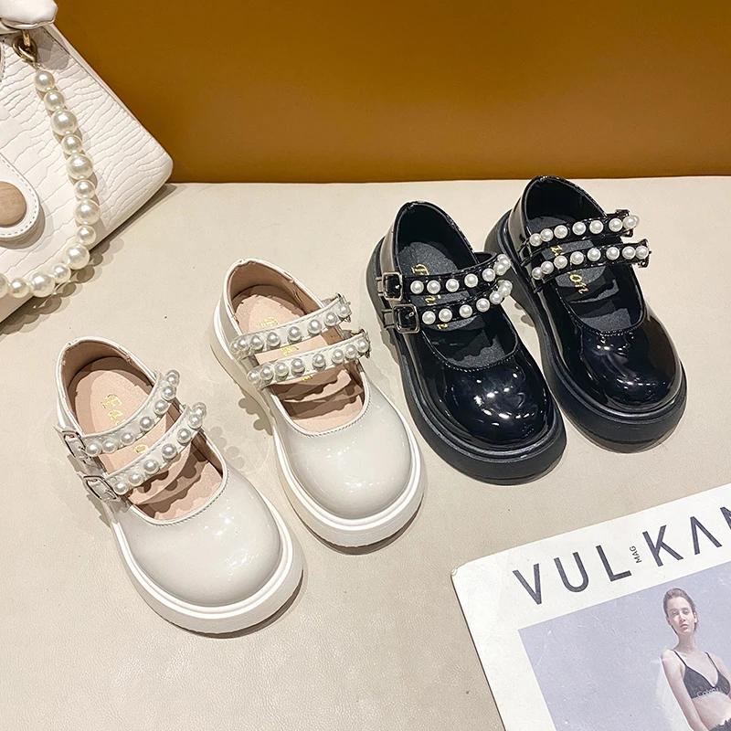 

Туфли принцессы с жемчужинами и бусинами для девочек, лакированная кожа, на платформе, школьная обувь с двумя ремешками, обувь в стиле "Лолит...