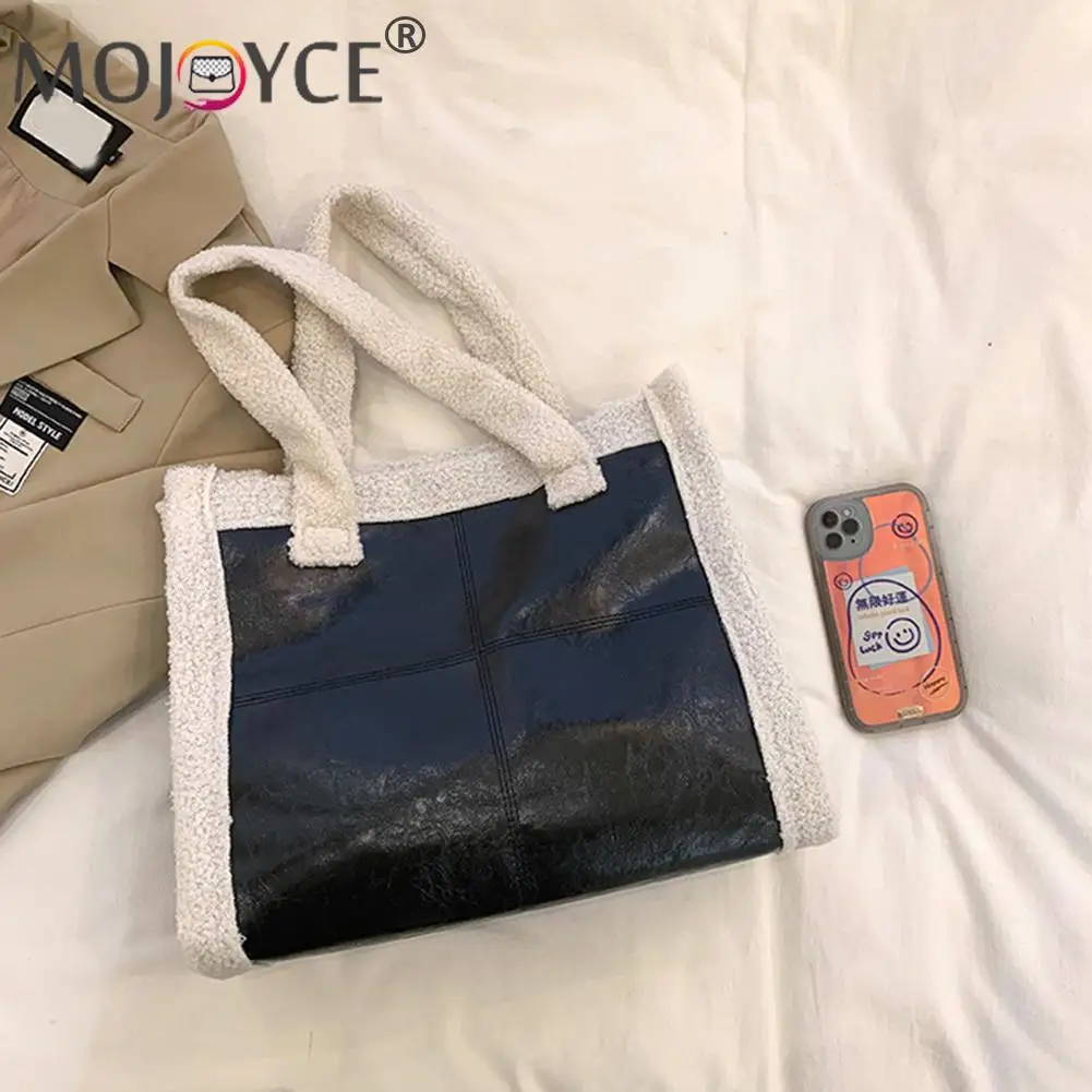 

Portable Women Autumn Winter Sofg Plush Lamb Wool Top-handle Bag Casual All-match PU Leather Large Capacity Handbags