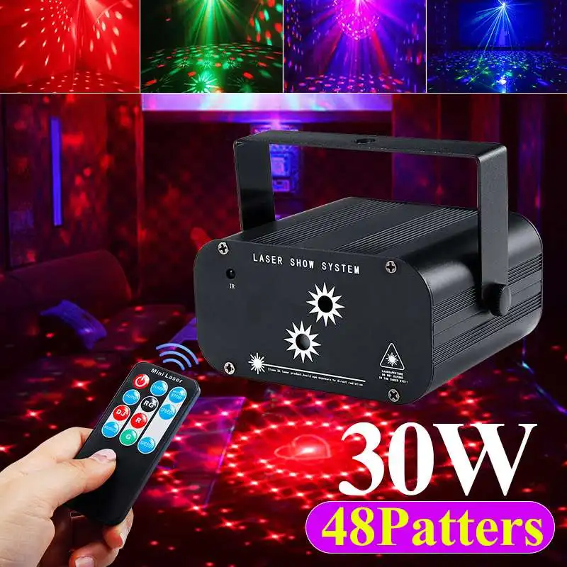 

48 узор, 2 объектива, активация звуком, лазерный проектор, светильник, диджейский диско, светодиодный 30 Вт, RGB светильник, лампа для рождества, ...