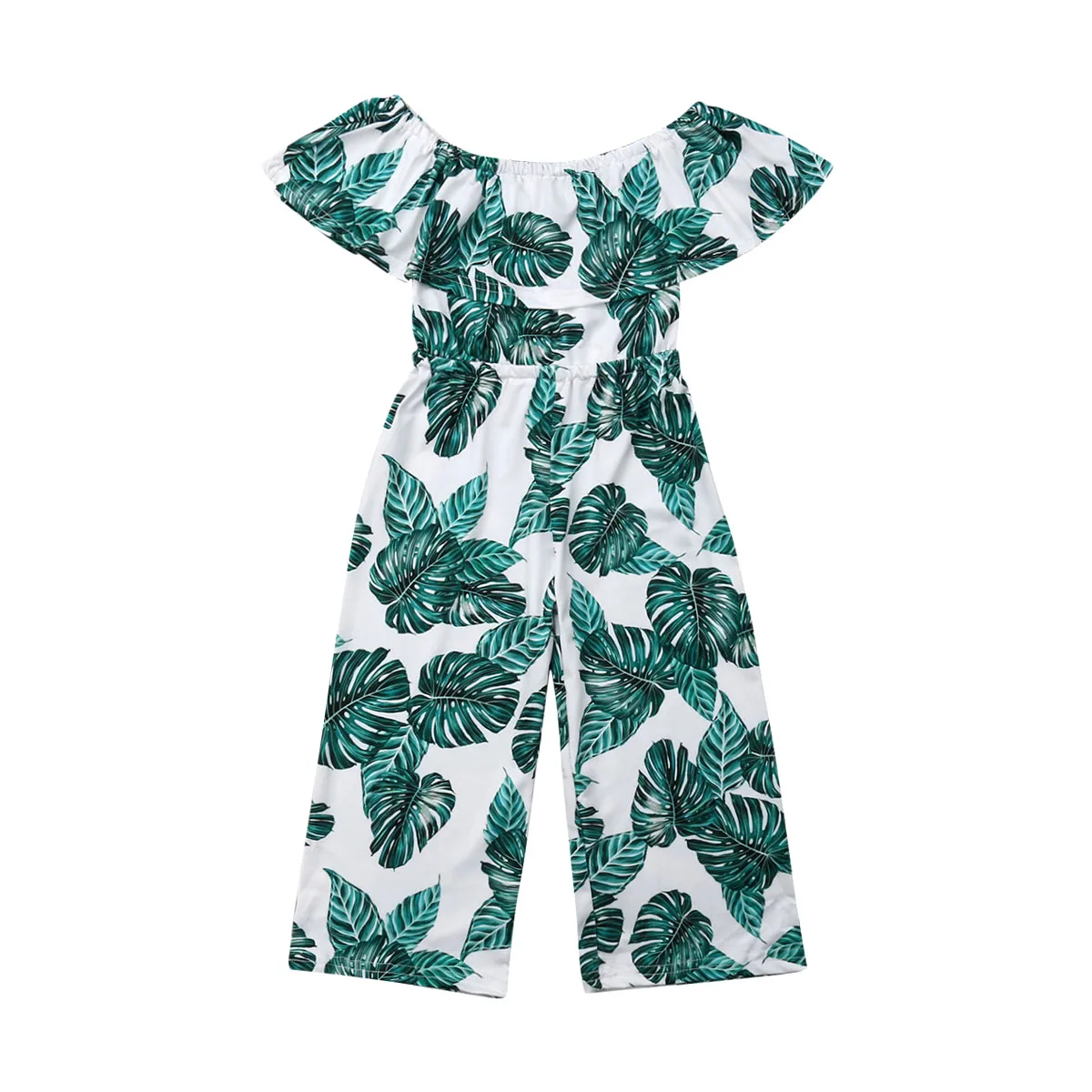 

2021 New Summer 3-8Y Baby Girl Green Leaf Print Jumpsuit Fashion Ruffled Short Sleeve Long Pants Children Kid Clothes Outfits