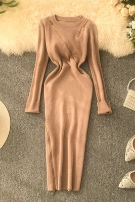 

2020 Zipper Autumn Dresses Winter Bodycon Knitted Sweater Midi Pencil Dress Party Knee Length Women Casual Office Vestidos