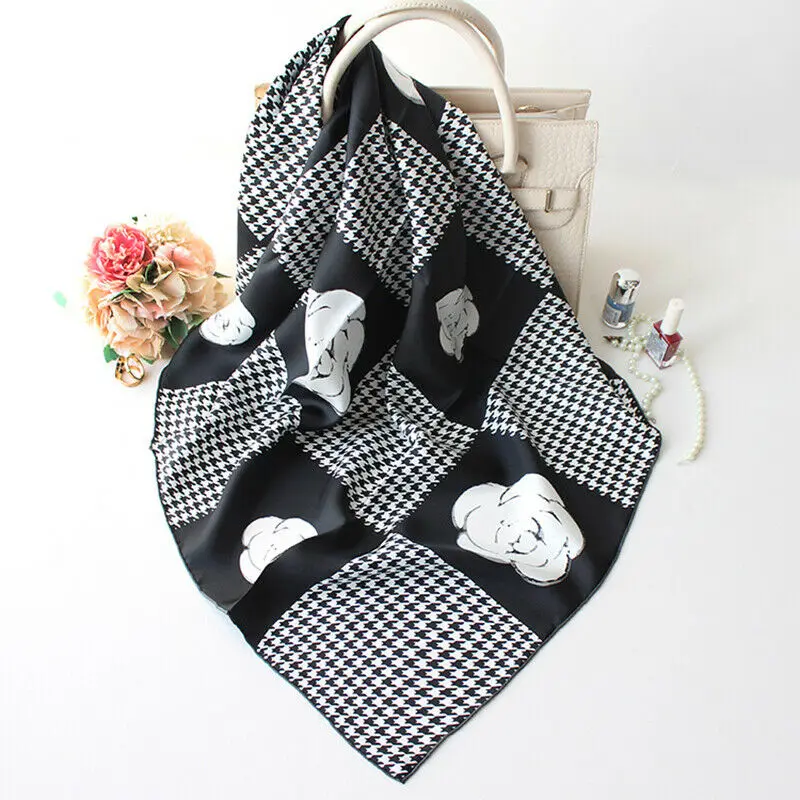 

Luxury 100% Twill Silk Scarf Women Fashion Houndstooth & Flower Shawl Stole Hijab Hand Rolled Square Kerchief Headscarf 90*90cm