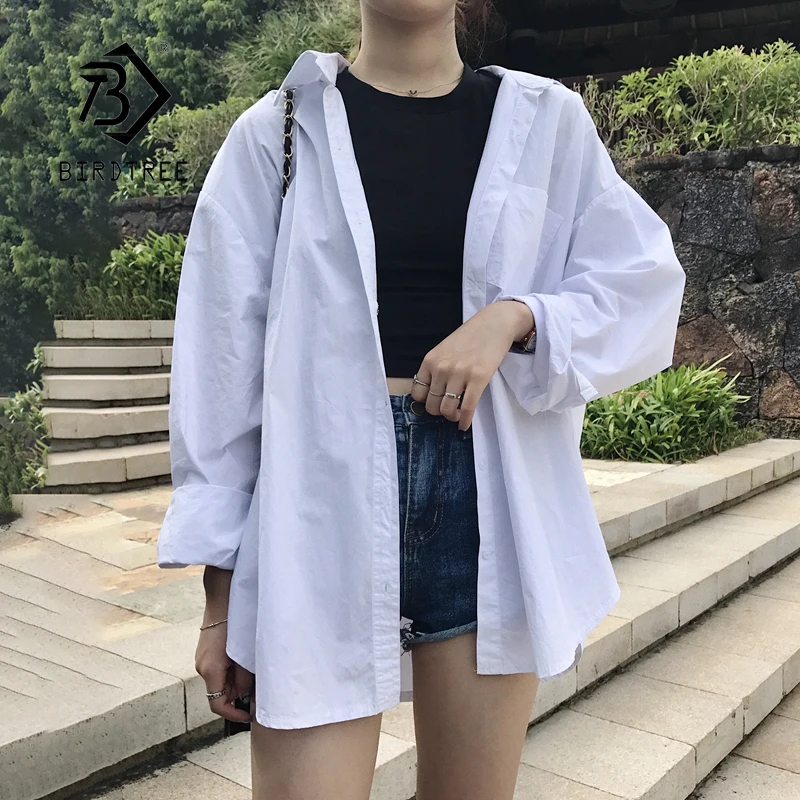 Рубашка женская в стиле оверсайз с рукавами летучая мышь хлопковая белая блузка